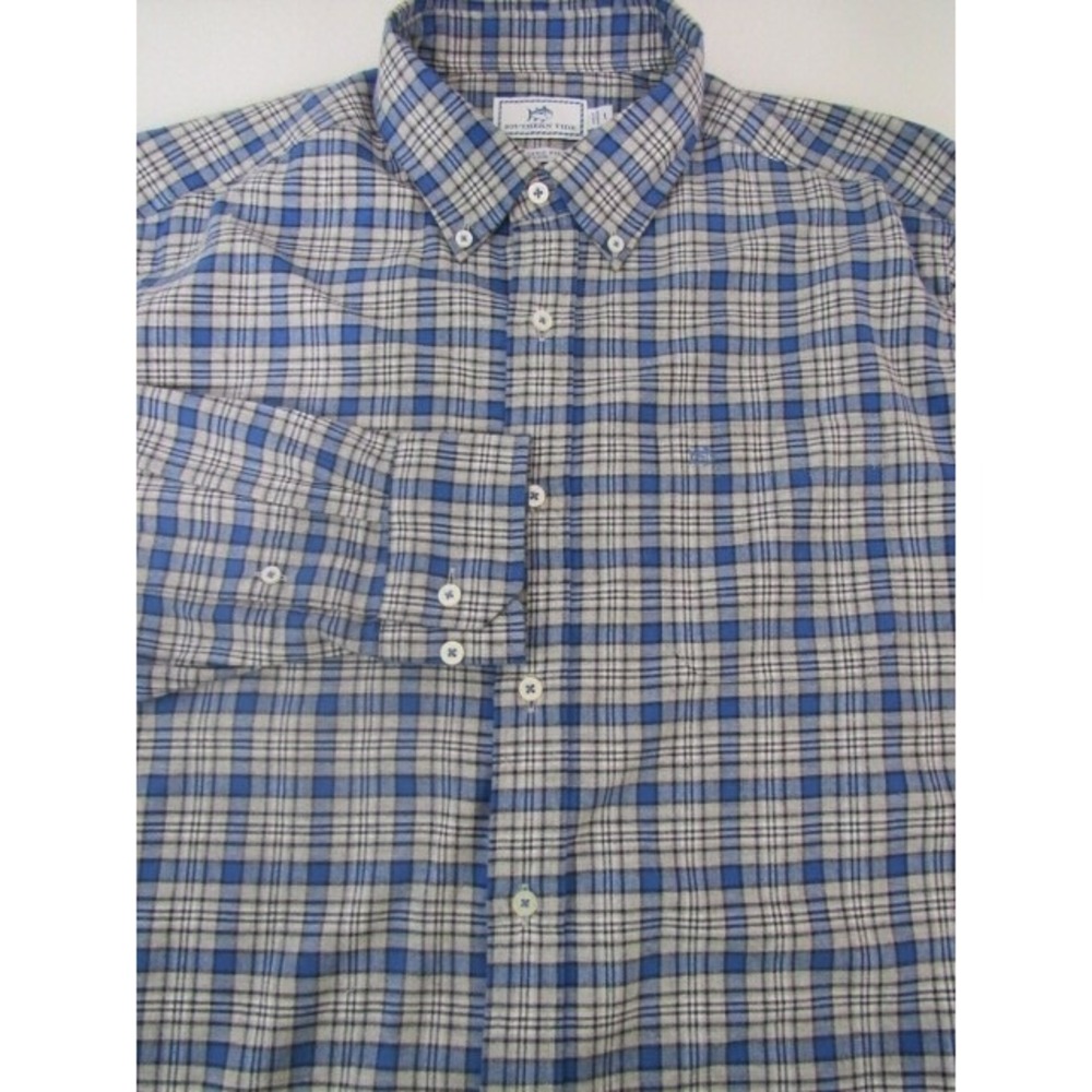 Southern‎ Tide Classic Men's Blue Cotton Felt Shirt Plaid Button Down Size L